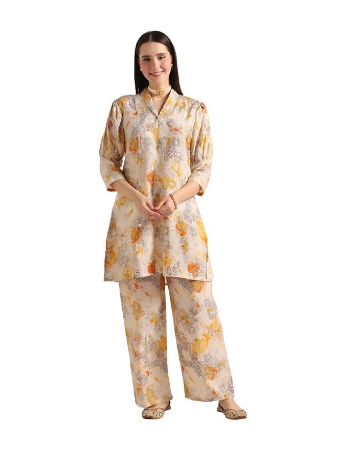 61djIAPECzL._SY879_ Cotton Blend Co-Ord Set for Women | Co-Ord Set for Women Stylish | Kurta Set for Women | Pajama Set | Ethnic Co-Ord Set for Women | 3/4 Sleeve Women's Co-Ord Set - Image 1