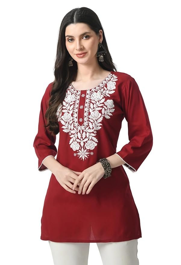71oOswu1UQL._SY879_ Kurti for Women - Short Chikankari Kurtis for Girls, Lakhnawi Tunic Top Kurta Design for Ladies, Woman Ethnic Kurthis & Shirt with Sleeve, Plain Straight Embroidery for Office - Image 1