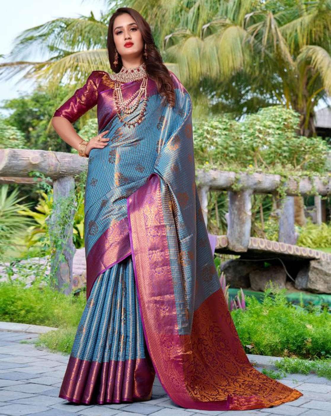 -1117Wx1400H-701360628-aqua-MODEL Women Jacquard Saree With Unstitched Blouse - Image 1
